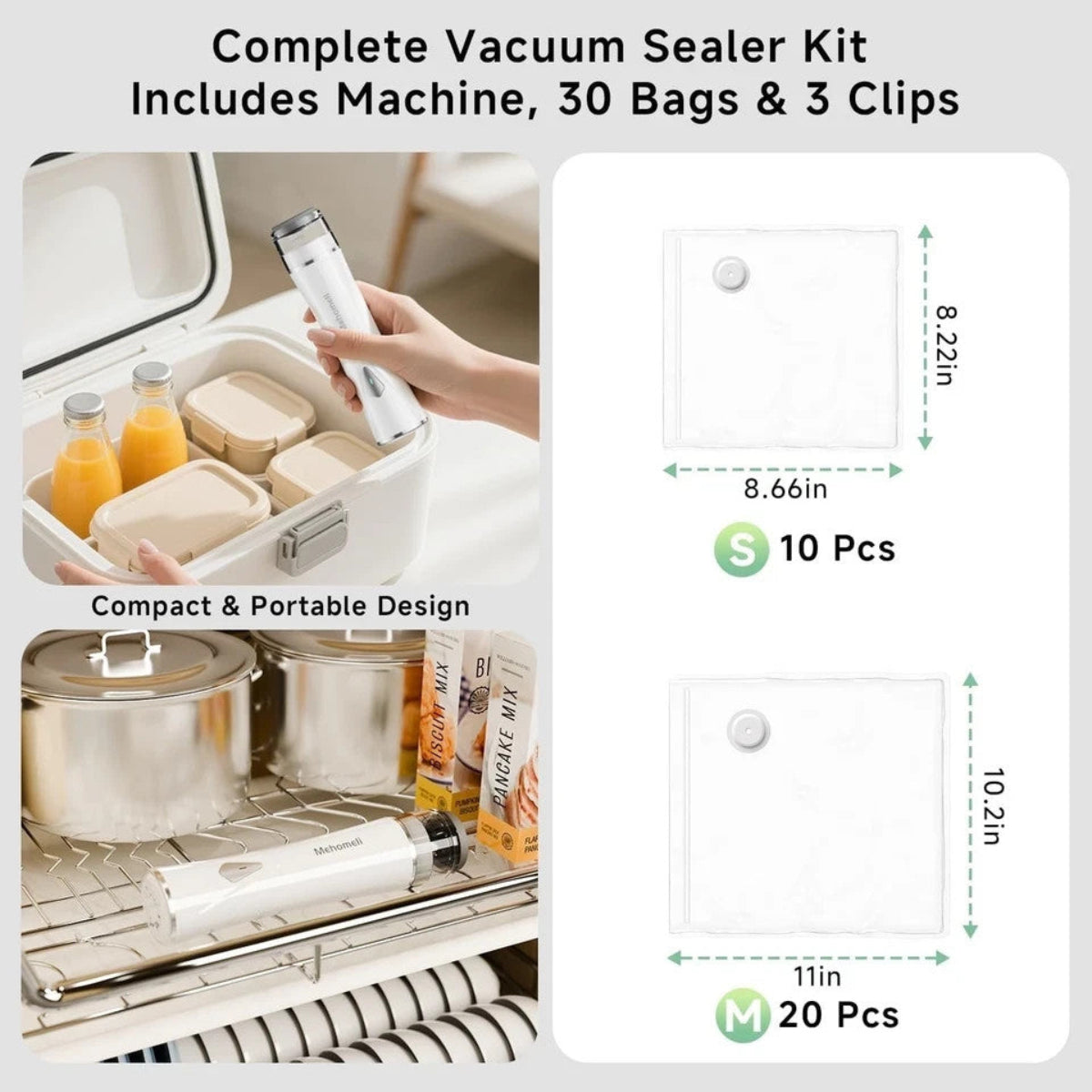Compact Vacuum Sealer for Food (Vacuum Sealer Machine + 30 Reusable Vacuum Bags)
