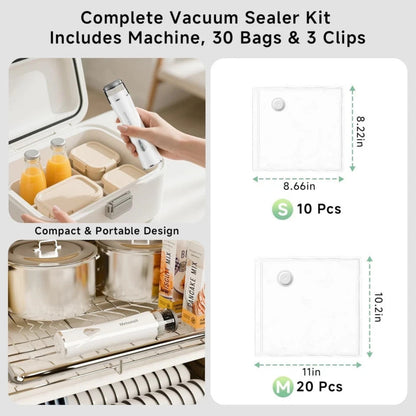 Compact Vacuum Sealer for Food (Vacuum Sealer Machine + 30 Reusable Vacuum Bags)